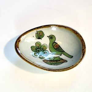 Vintage KEN EDWARDS Small Oval Dish Mexican El Palomar Pottery Bird Green Bowl